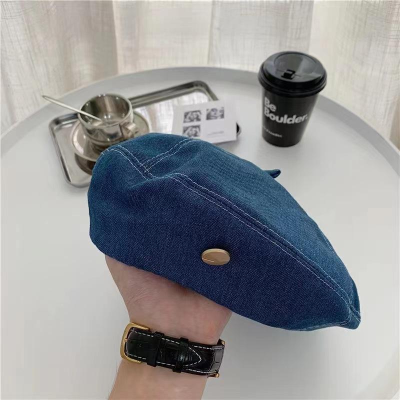 Béret d'été pour femmes style coréen polyvalent en denim chapeau d'artiste grande circonférence de tête chapeau ins