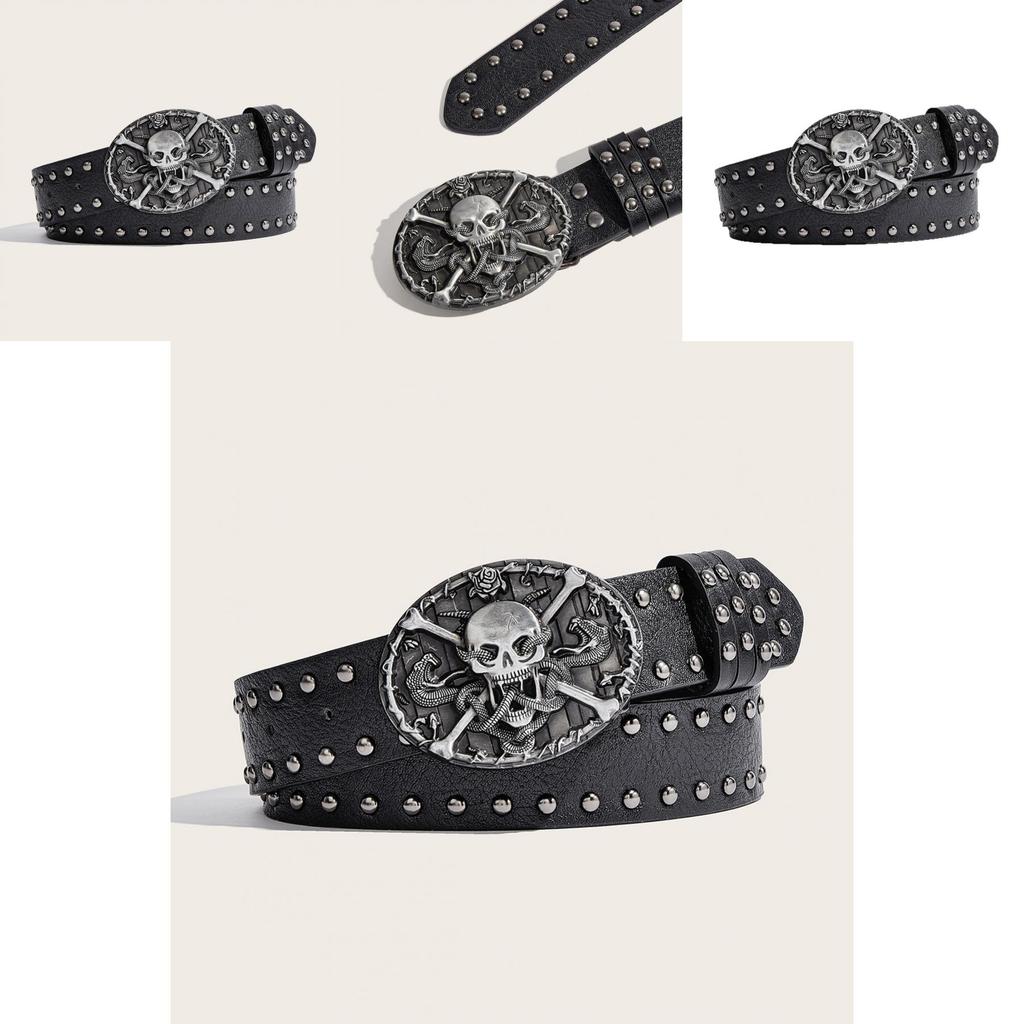 Punk Skull Leather Belt For Men With Metal Snap Closure For Casual Streetwear