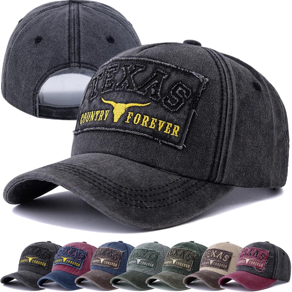 Unisex Washed Cotton Vintage Baseball Cap Texas Letter Oxhead Embroidery Outdoor Sports Dad Hat For Men Women Hats