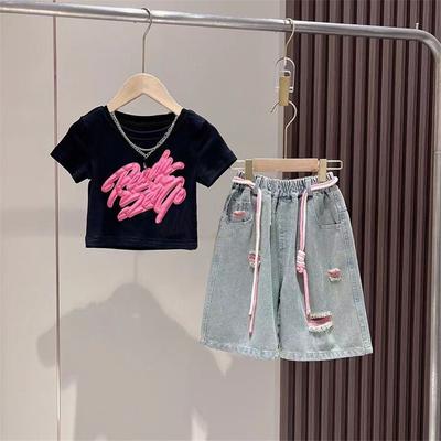 Casual Kleding Set voor Peuter Meisjes Korte Mouw Grafisch T-shirt Versleten Denim Culottes Zomer Mode Outfit Voor Meisjes