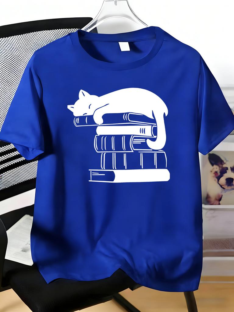 Minimalist Sleeping Cat On Stacked Books Graphic Unisexs Crew Neck Short Sleeve Soft Cotton Book Lover Male Summer Daily Casual Tee