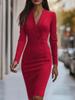 Women's Solid Deep V Neck Long Sleeve High Waist Slim Bodycon Midi Dress Elegant Office Sheath Gown