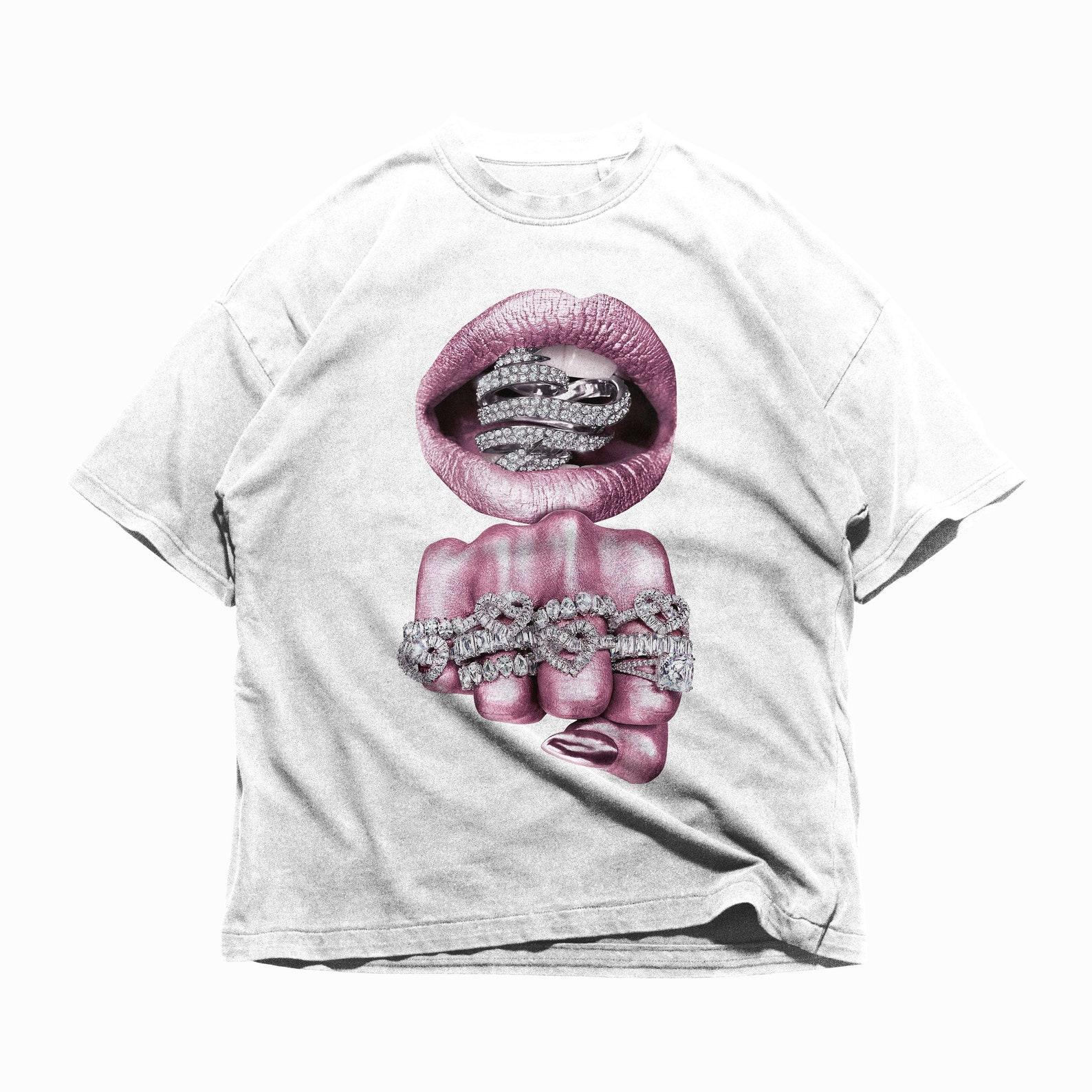 Big Lips T Shirt, Y2K Streetwear Graphic T Shirt, Pink Silver Diamond Printed T-shirt M