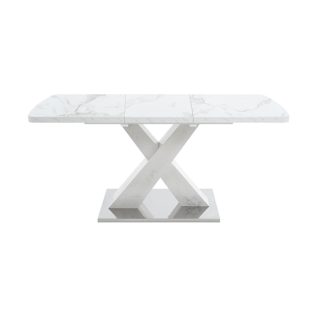 120CM-160CM Μοντέρνο Ορθογώνιο Τραπέζι Τραπεζαρίας, Τεντώνεται, με Εκτυπωμένη Λευκή Μαρμάρινη Επιφάνεια Τραπεζιού+MDF Τραπεζοπόδι Σχήματος Χ με Μεταλλική Βάση