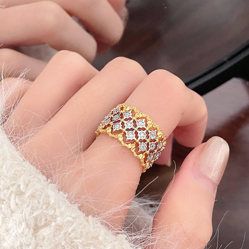 Gold Hollow Pattern Retro Open Ring High Sense Medieval Two-Color Classical Court Style Zircon Ring