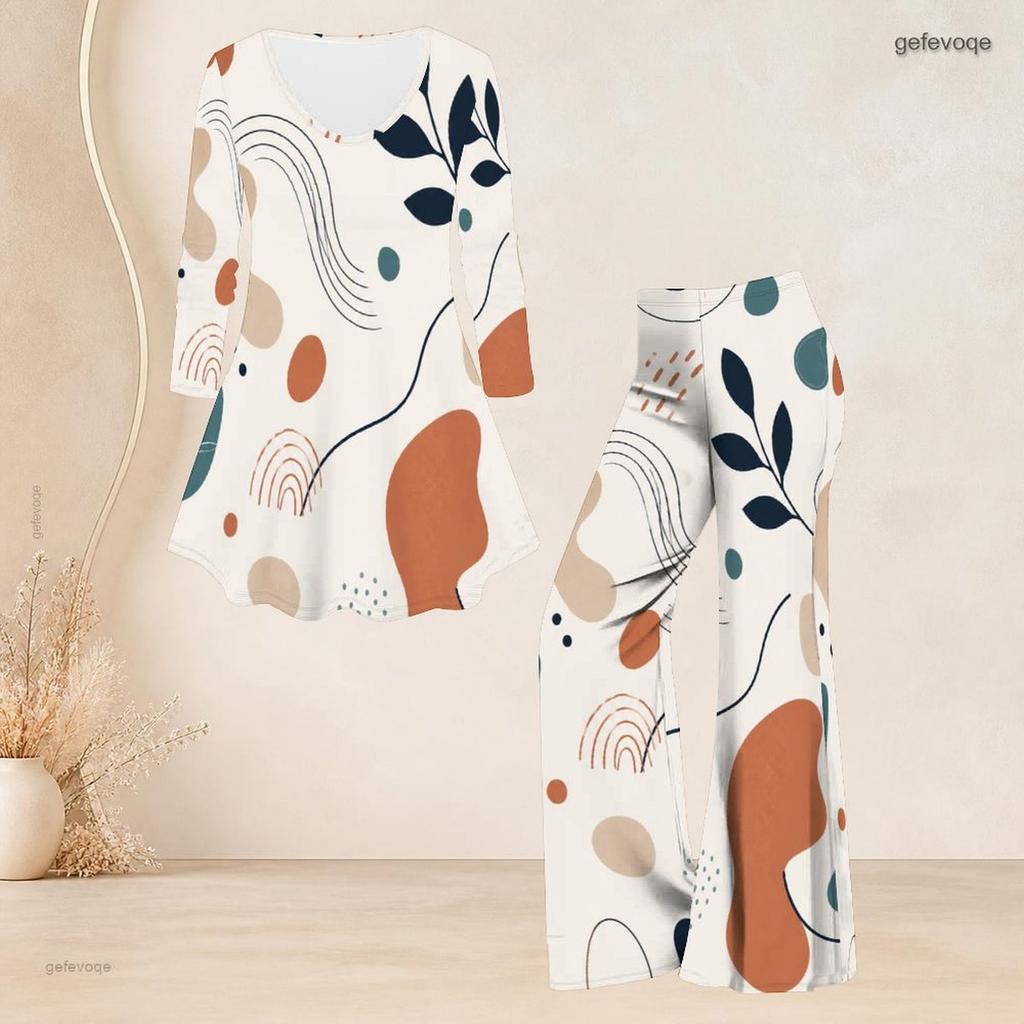 Women Plus Size Round Neck Three Quarter Sleeve Printed Flared Top And Flared Pants Two Piece Set