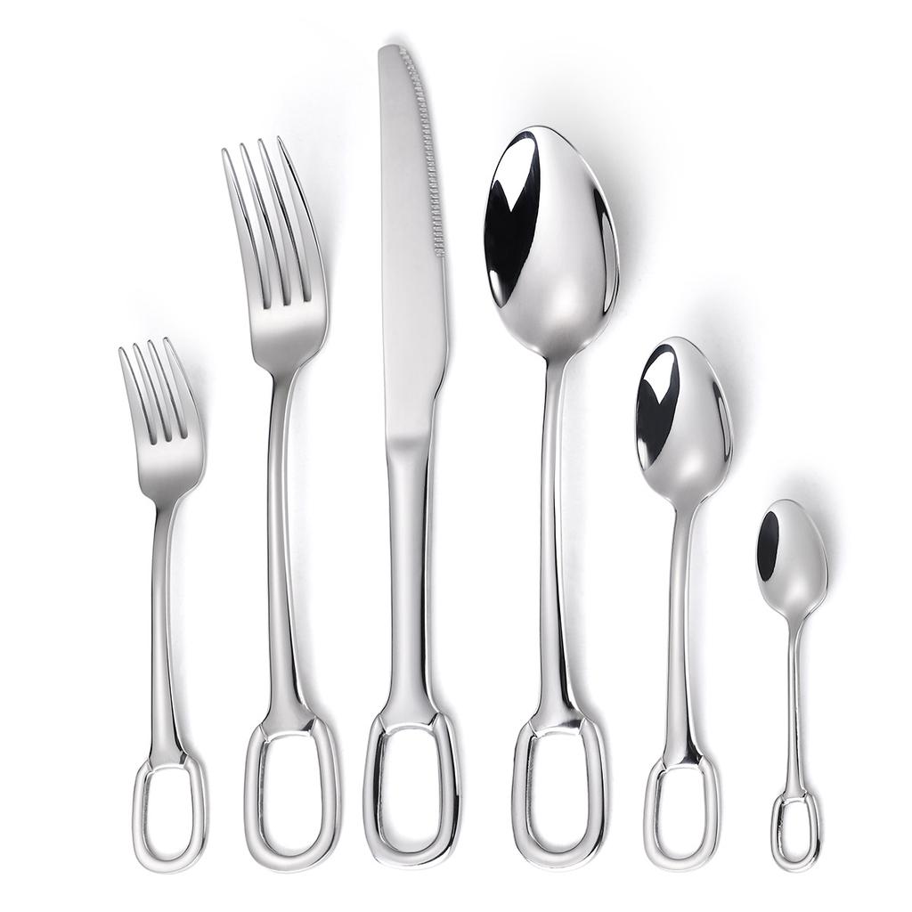 Cutlery 304 Stainless Steel Spoon Circular Ring Hotel Steak Knife Fork Spoon Titanium Plated European Style Hanging Hole Fork Tea Spoon