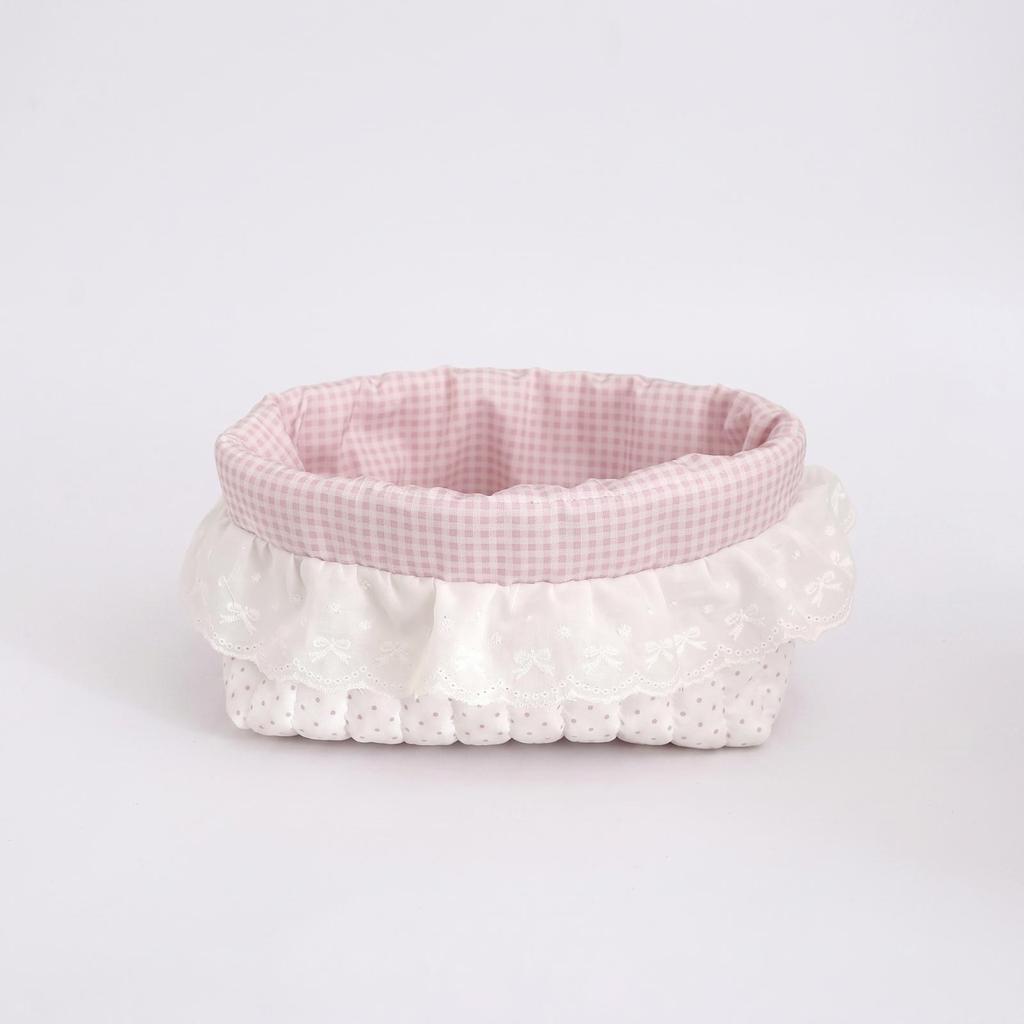 Quilted Textile Basket Gingham Lining Lace Trim Dotted Pattern for Desk
