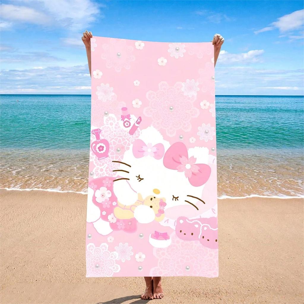 Sanrio Hello Kitty Print Beach Towel - Quick-Dry Soft Microfiber, Lightweight Sandproof Foldable Towel for Swim, Yoga, Gym,