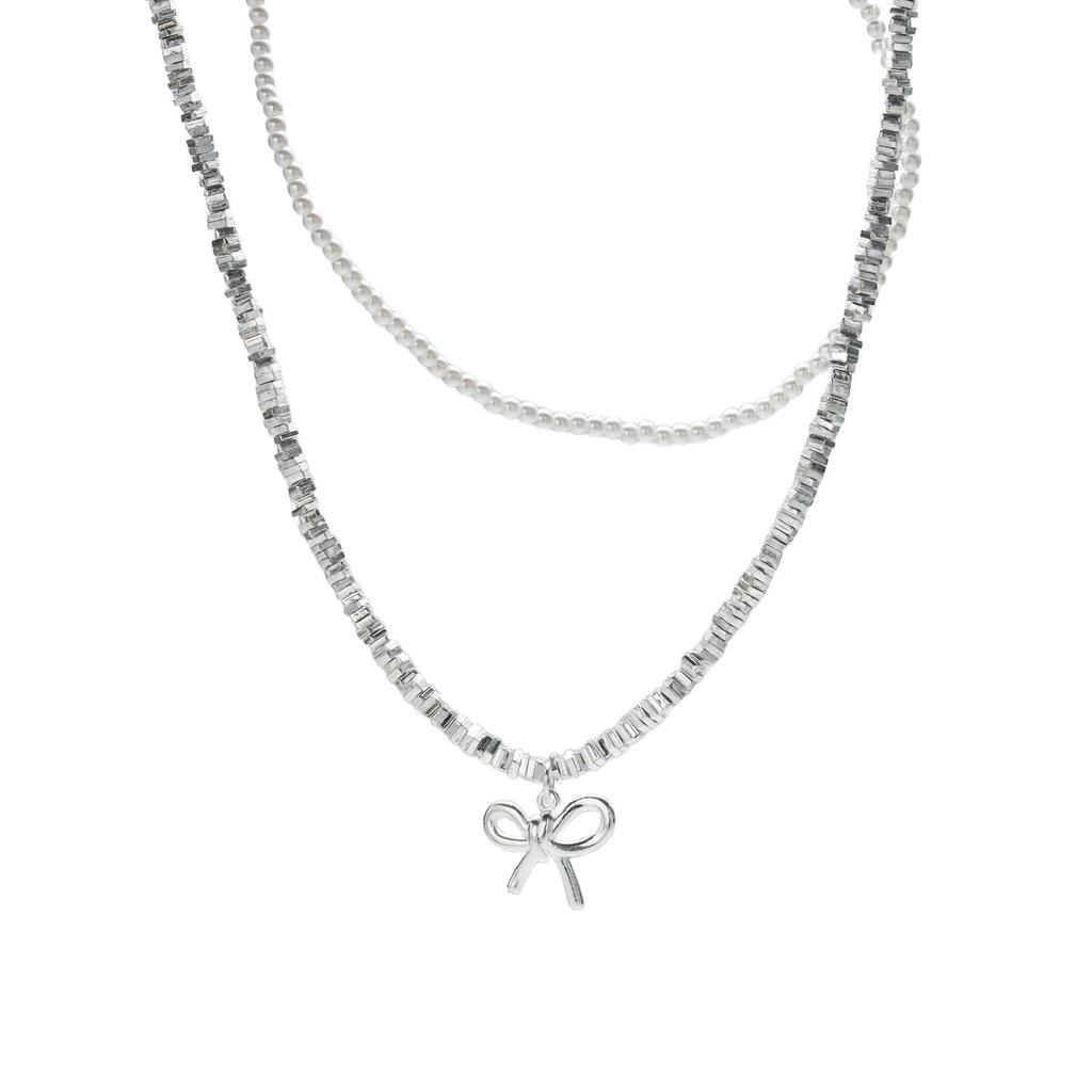 New bow necklace women's simple high-end sense retro double-layer stacked wear design sense imitation pearl collarbone chain