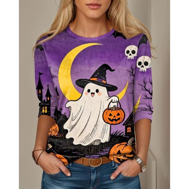 Autumn and Winter Ladies 3D Printed Crew Neck Long Sleeve T-Shirt Halloween Dress Up