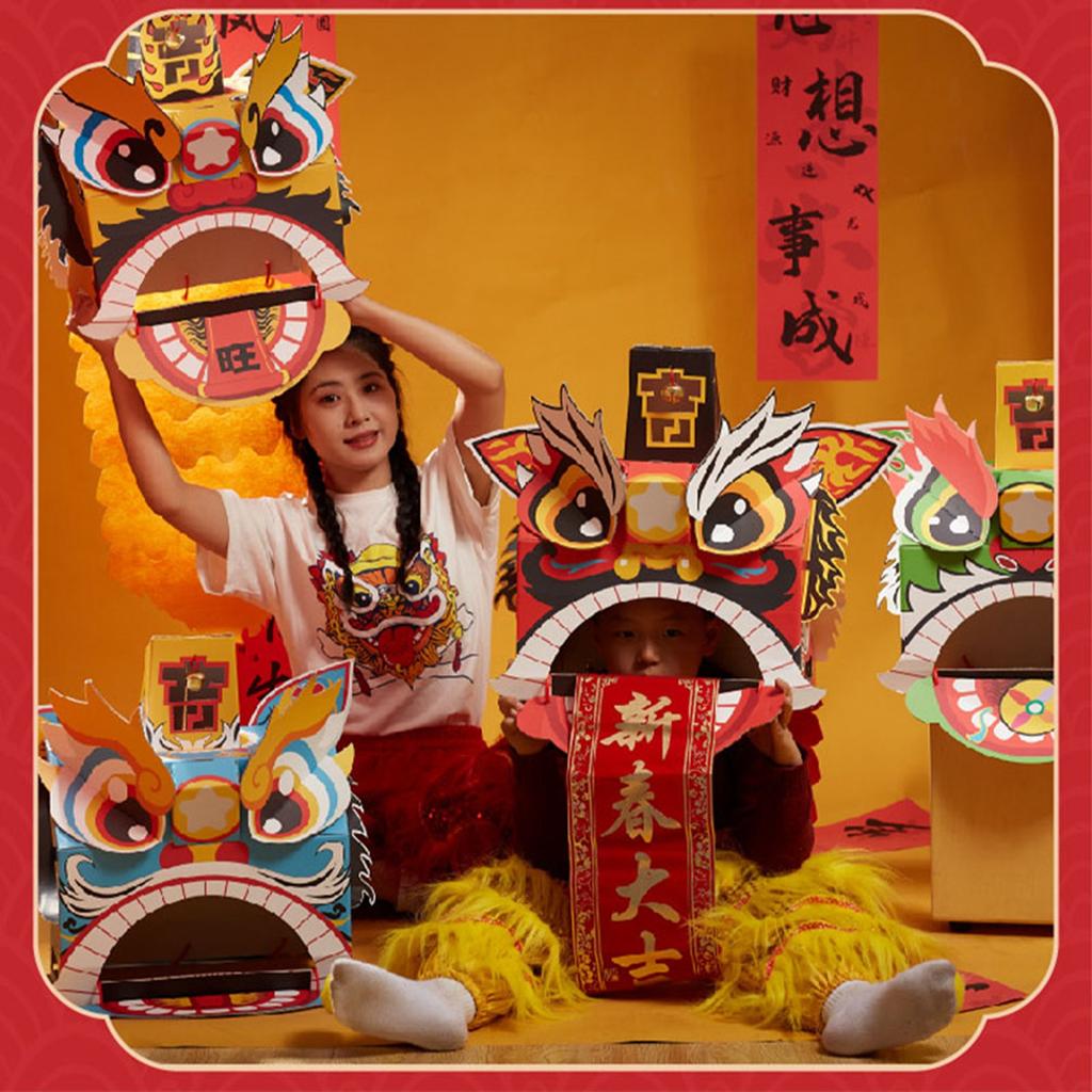 Chinese Lion Dance Head DIY Assembly Interesting Educational Cute Style Paper Decorative Craft Model for Toy Yellow