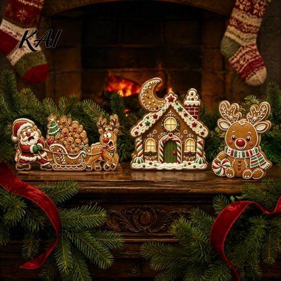 Christmas Party Supplies 3Pcs Gingerbread House/Elk/Santa Claus Ornaments, Tiered Tray Decor, Holiday Desktop Decorations Rustic Wooden Figurines for