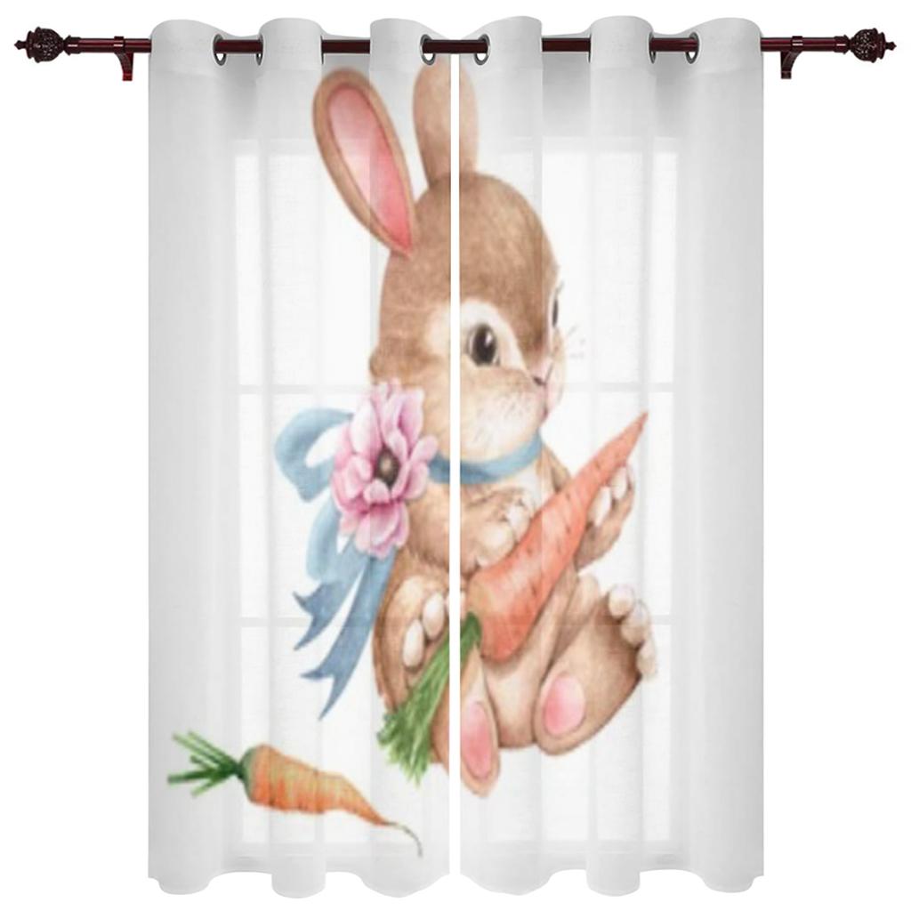 Modern Window Curtains Bunny Rabbit with Flowers Watercolor Luxury Fashion Curtains for Living Room Bedroom Kitchen Drapes