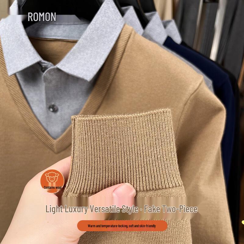 Romon Men's Faux Two-Piece Wool Blend Turn-down Collar Sweater