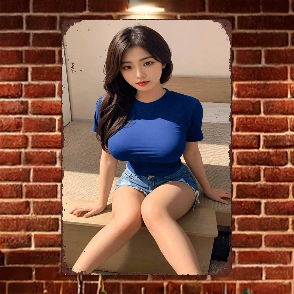 

HD Tin Sign Vintage Asian Girl in Blue Top Denim Shorts Metal Wall Art Retro Decor for Home Bar 20x30cm（7.8x11.8inch）