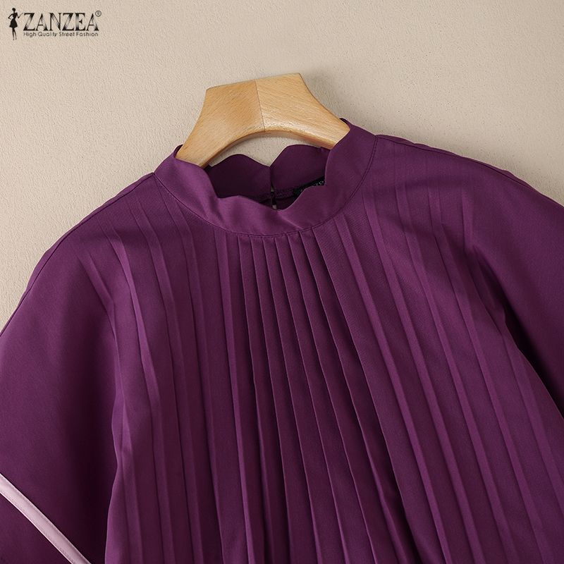 ZANZEA Women Casual Stand Collar Loose Short Sleeve Blouse