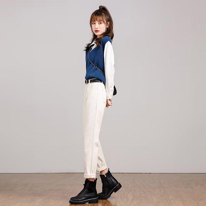 Women's Off-White High-Waisted Harem Jeans - 2024 Spring/Autumn, Elastic, Loose Fit, Slimming Casual Carrot Pants