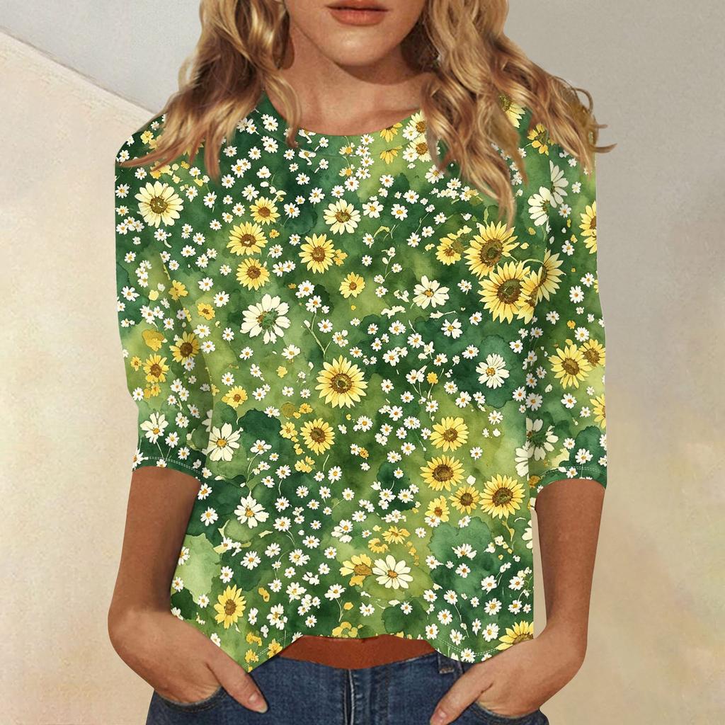 Women's Casual Floral Print Three Quarter Sleeve Round Neck Top Lightweight Comfortable Fit Versatile Everyday Wear