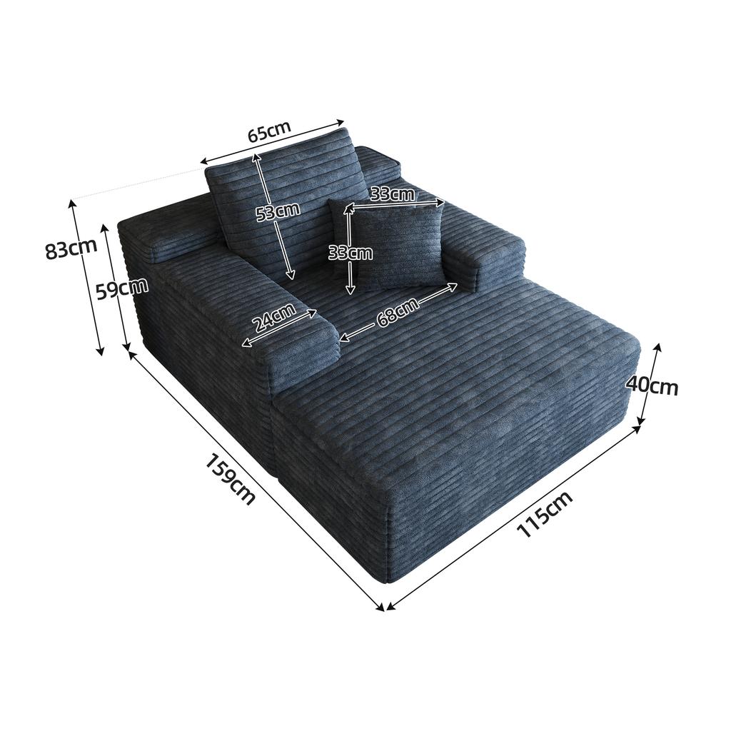 115*159cm, Comfortable Corduroy Sofa, With Deep Seat, Chaise Longue, No Assembly Required, Compression Sofas for Living Room, Bedroom, Apartment, Blue