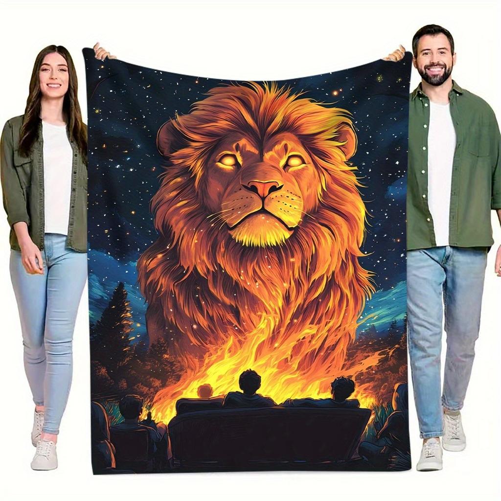 1pc Lion campfire party Digital Printed Design Pattern Blanket, All-Season Soft and Warm Throw, Ideal for Home Bedroom, School