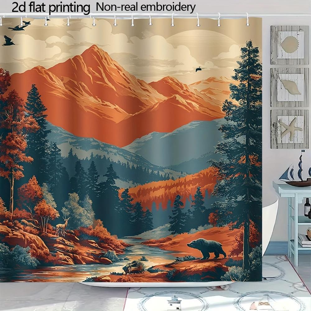 

Vintage Wilderness Shower Curtain – Orange Mountains, Pine Forest, Deer & Bear, 2D Flat Print, Polyester, 70.8 X70.8 Inch W60H190(CM)-1 Pcs