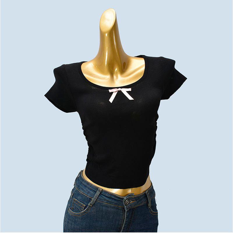 Knitted Simple Pleat Summer New Short sleeve knit Women Slim fit Slimming Square Collar Solid All-Match Base Top