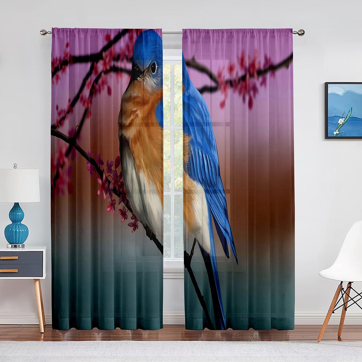 Тюлевые прозрачные шторы с милой синей птицей на ветке дерева для гостиной — фото 4