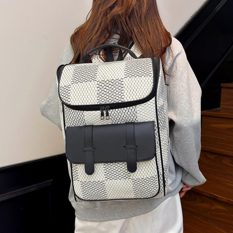 Schoolbag Backpack Men's Business Casual Large Capacity Backpack PU Plaid Casual Commuter Versatile Laptop Backpack