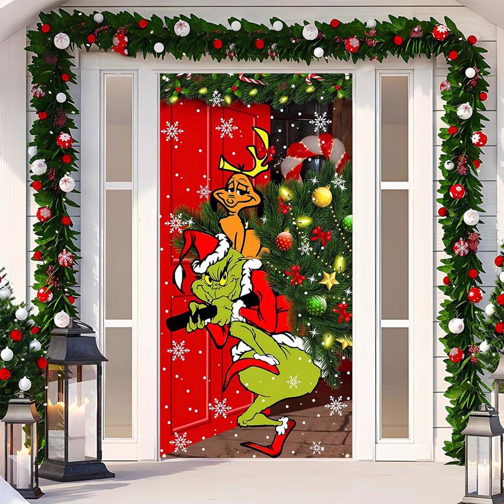 Capa de Porta de Natal Pano Decorativo Pendurado Capa de Porta Verde Cortina de Porta de Natal Tapeçaria de Ano Novo Fundo de Capa de Porta