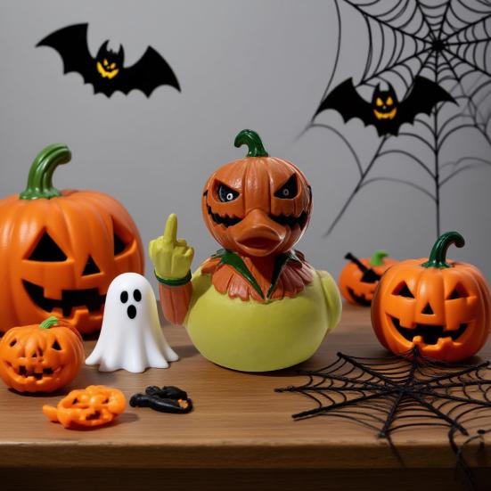 Pumpkin Head Duck Figurine Halloween Duck Decoration Resin Flip-off Duck Tabletop Ornament for Mantel Home Parties Centerpiece