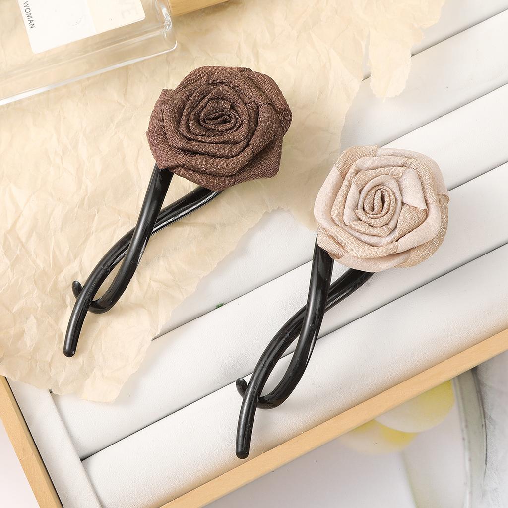 AWAYTR Satin Curled Flowers Hair Stick Pin Elegant Rose Hair Accessories Hairband Hairpins Women Hairclips Fashion Combs