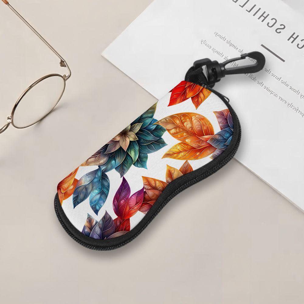 2D-Colorful Botanical Print Zipper Sunglasses Case, Protective Eyewear Container with Vibrant Leaf Pattern, Portable Travel Spectacle Organizer for Wo