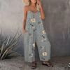 Summer Women Jumpsuit Adjustable Spaghetti Strap Backless Sleeveless Wide Leg Loose Floral Print Deep Crotch Side Pockets Pleated Vacation