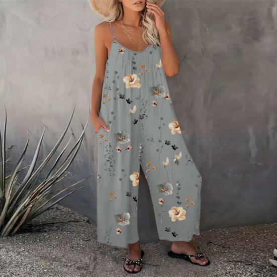 Summer Women Jumpsuit Adjustable Spaghetti Strap Backless Sleeveless Wide Leg Loose Floral Print Deep Crotch Side Pockets Pleated Vacation