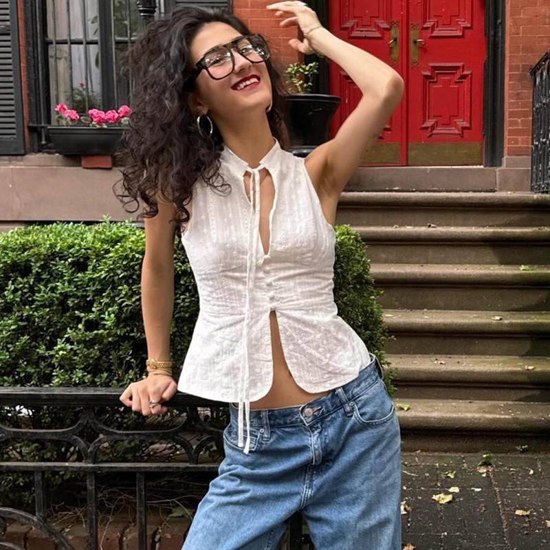 

Топ с завязкой спереди, пуговица, белая футболка с вырезами, без рукавов, футболка длиной до девяти точек M белый