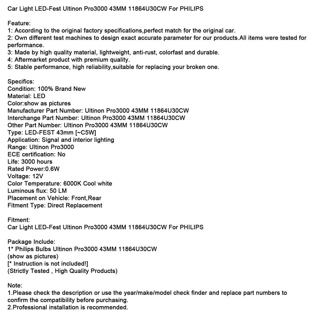 Car Light LED-Fest Ultinon Pro3000 43MM 11864U30CW For Philip