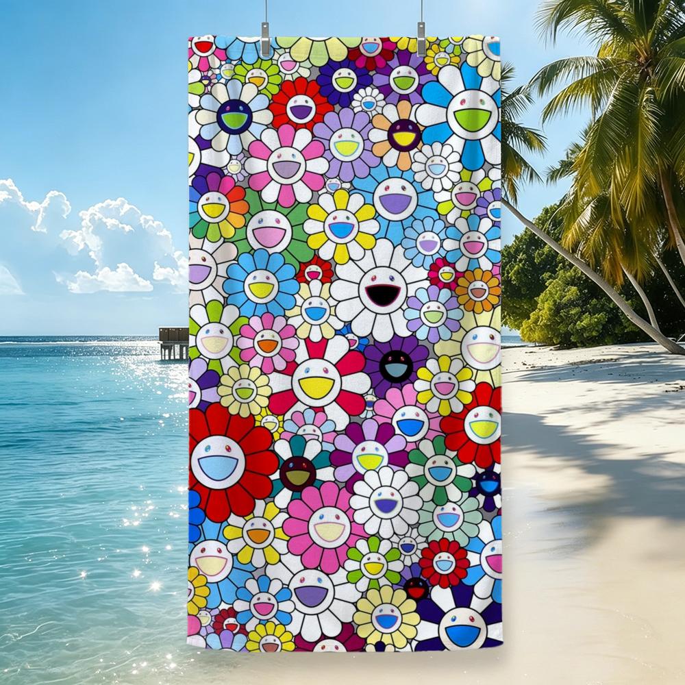 Artist Takashi Murakami Smiley Flower Towel Microfiber beach towel, quick-dry, sand-free, ultra-fine fiber, super soft.