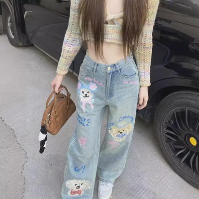 Women's High-Waist Graffiti Print Wide-Leg Jeans, Size Large