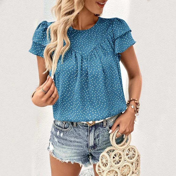 Women Summer Loose Green Blouse Ruffled Short Sleeve O Neck Tops