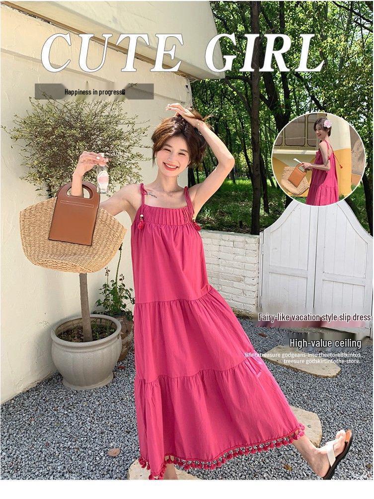 Niche Design Tassel Strappy Dress - Women's Elegant Summer Beach Vacation Style, Loose and Slimming Long Skirt