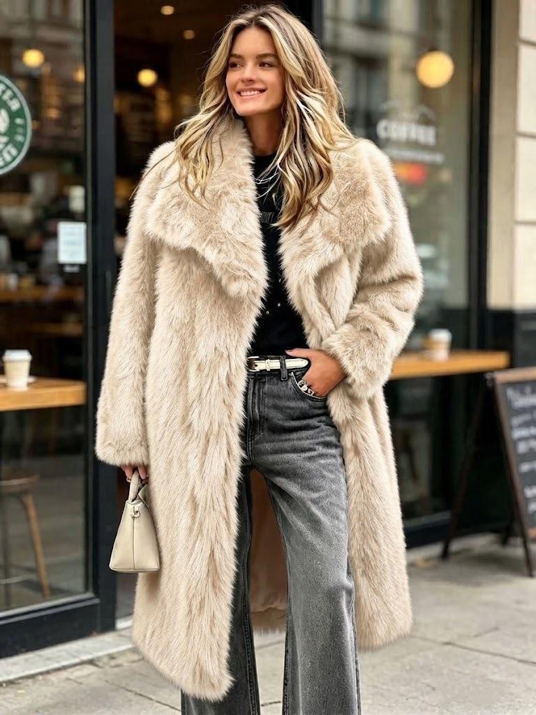 European and American Imitation Fur Large Lapel Collar Long Artificial Coat Long Fashion Imitation Fox Fur Coat Medium and Long C