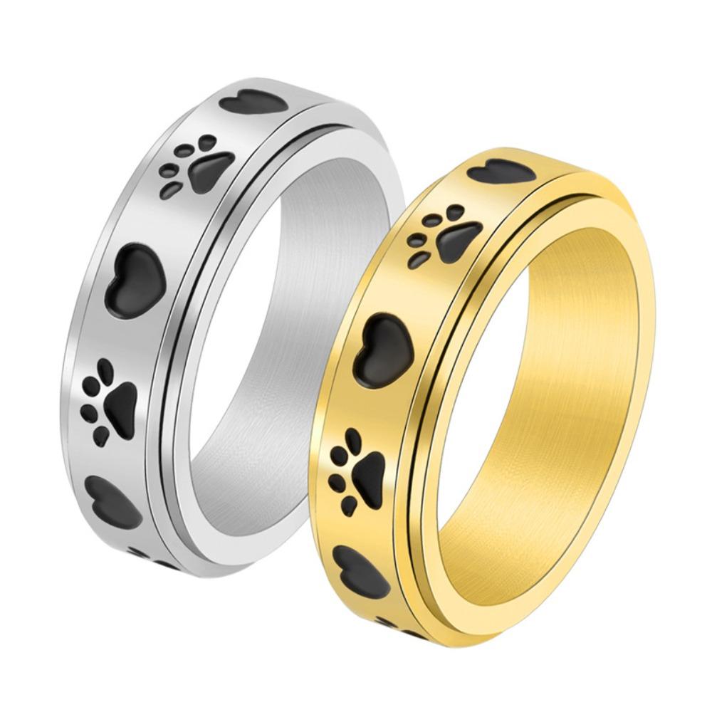 Rotating Love Dog Print Ring Cute Stainless Steel Minimalist Ring for Women Fashion Jewelry Accessories