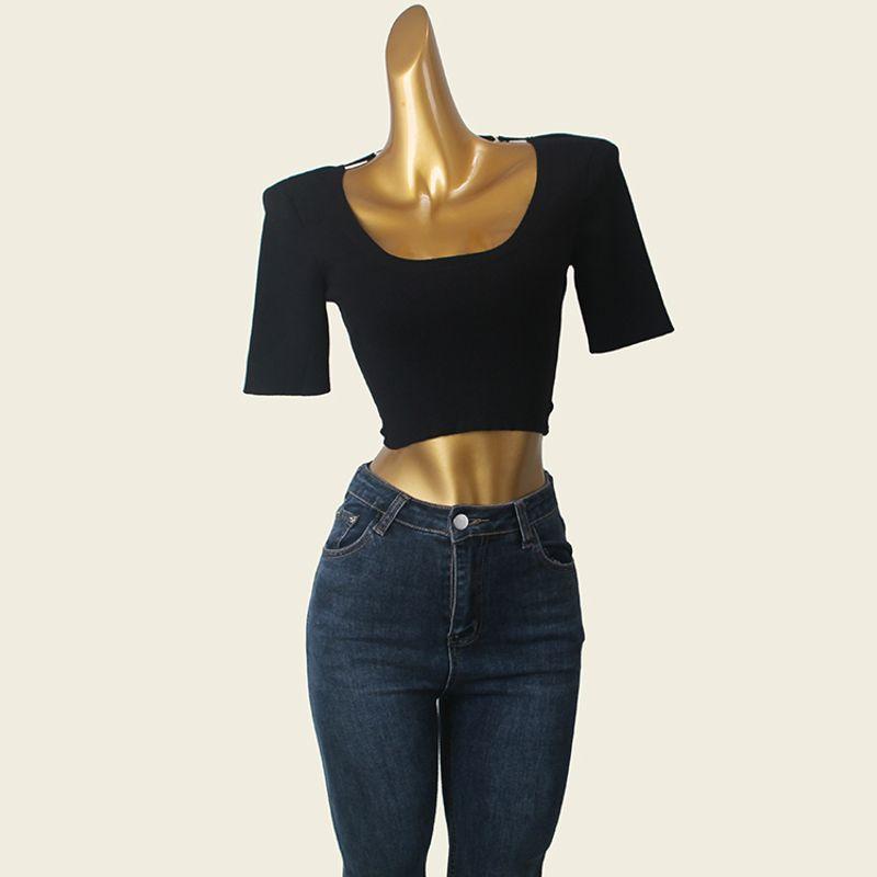 American Style Sexy Beauty Back T-shirt Summer Low round Neck Sexy Pure Color Short Sleeve Knitting Short Tops