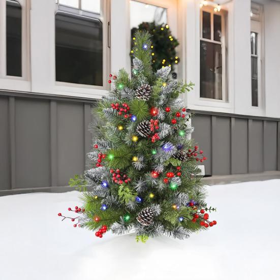 Lighted Artificial Christmas Urn Filler Battery Operated Pre-lit Xmas Pine Trees with Tripod Stake