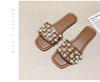Large size pearl flat bottom sandals women's 2025 summer new Xiaoxiangfeng square head casual outer wear one-word slippers