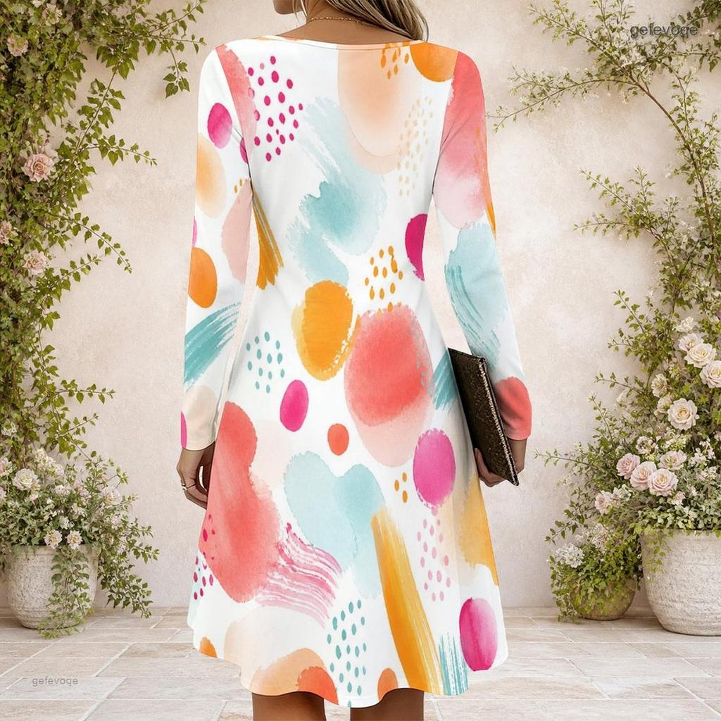 Women Criss Cross V Neck Long Sleeve Abstract Printed Casual Dress Curved Hem