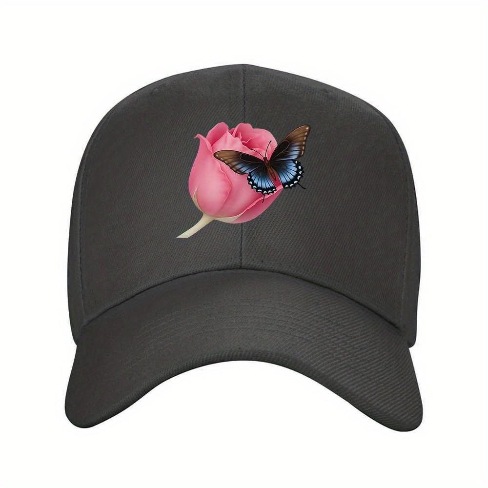 Rose and Butterfly Baseball Cap Adjustable Unisex Polyester Casual Baseball Hat