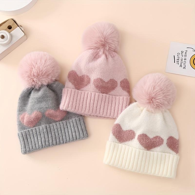 Heart Pattern Knit Beanie, Warm Pullover Knitted Hat for Newborn 3-24 Months Baby Girls