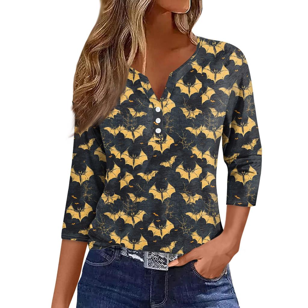 Women's Fashion Casual Halloween Printed V-Neck Short Sleeve Decorative Button Three-quarter Sleeve T-Shirt Top